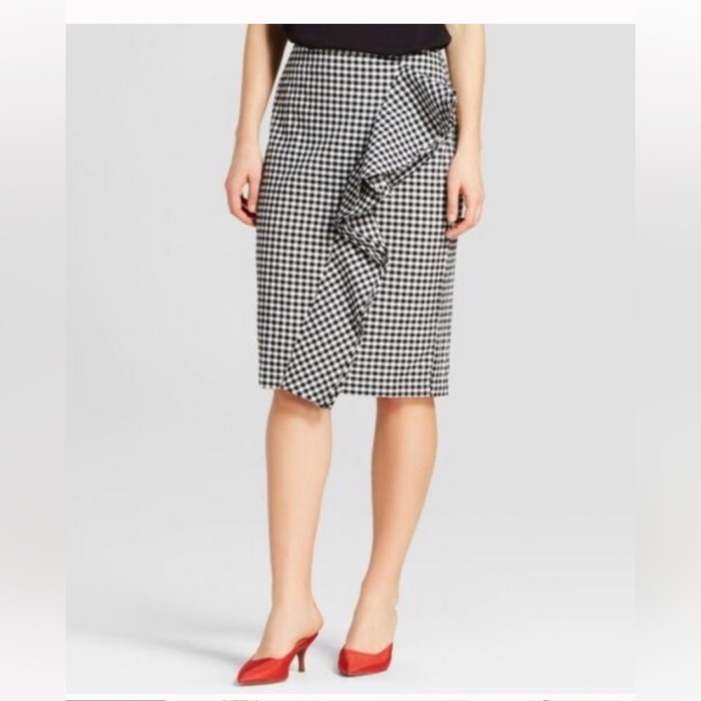 Who What Wear Black & White Gingham Plaid Seersucker Ruffle Pencil Skirt